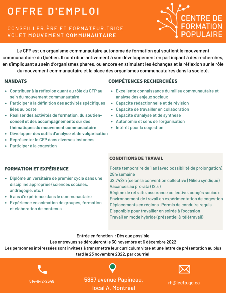 Offre d'emploi au CFP conseiller·ère et formateur·trice volet mouvement communautaire Centre